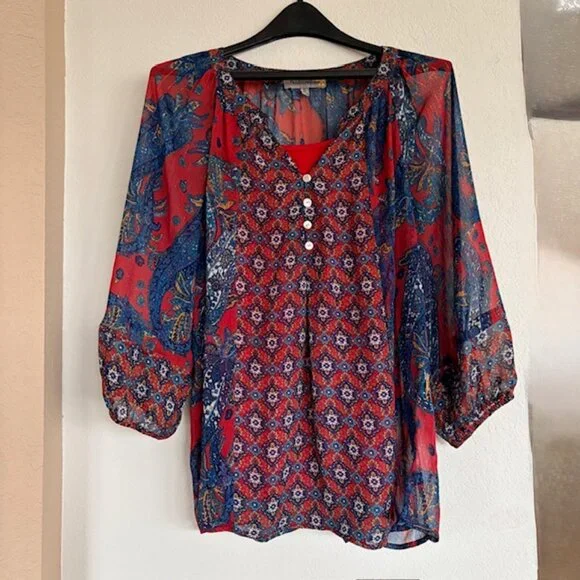 Figueroa & Flower Semi Sheer Womens XL Boho Tunic Blouse Buttons V Neck Camisole - Picture 1 of 11